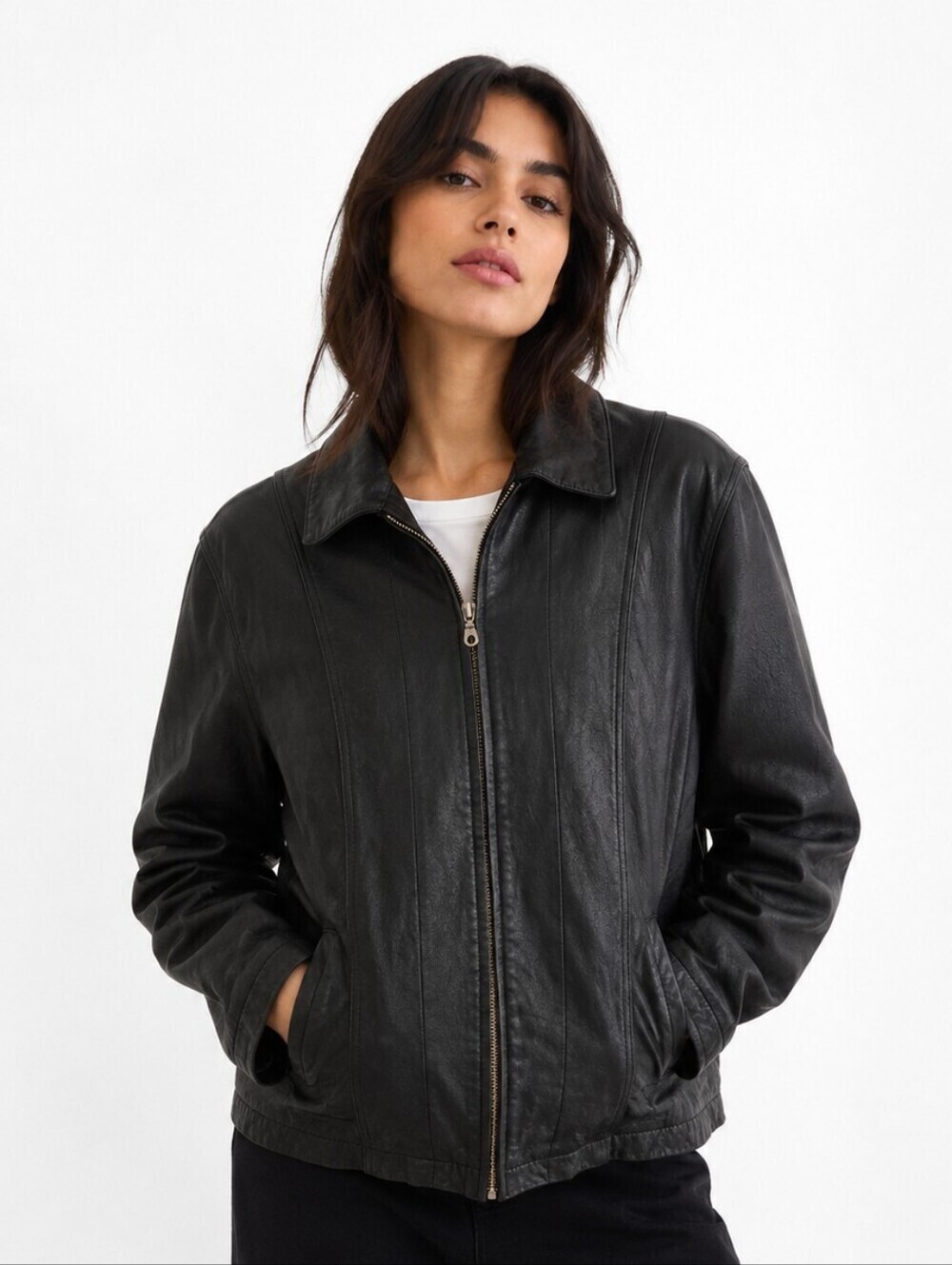 Vintage Wilsons Leather Bomber Jacket Coat Zipper Pockets Large Moto Biker Edgy
